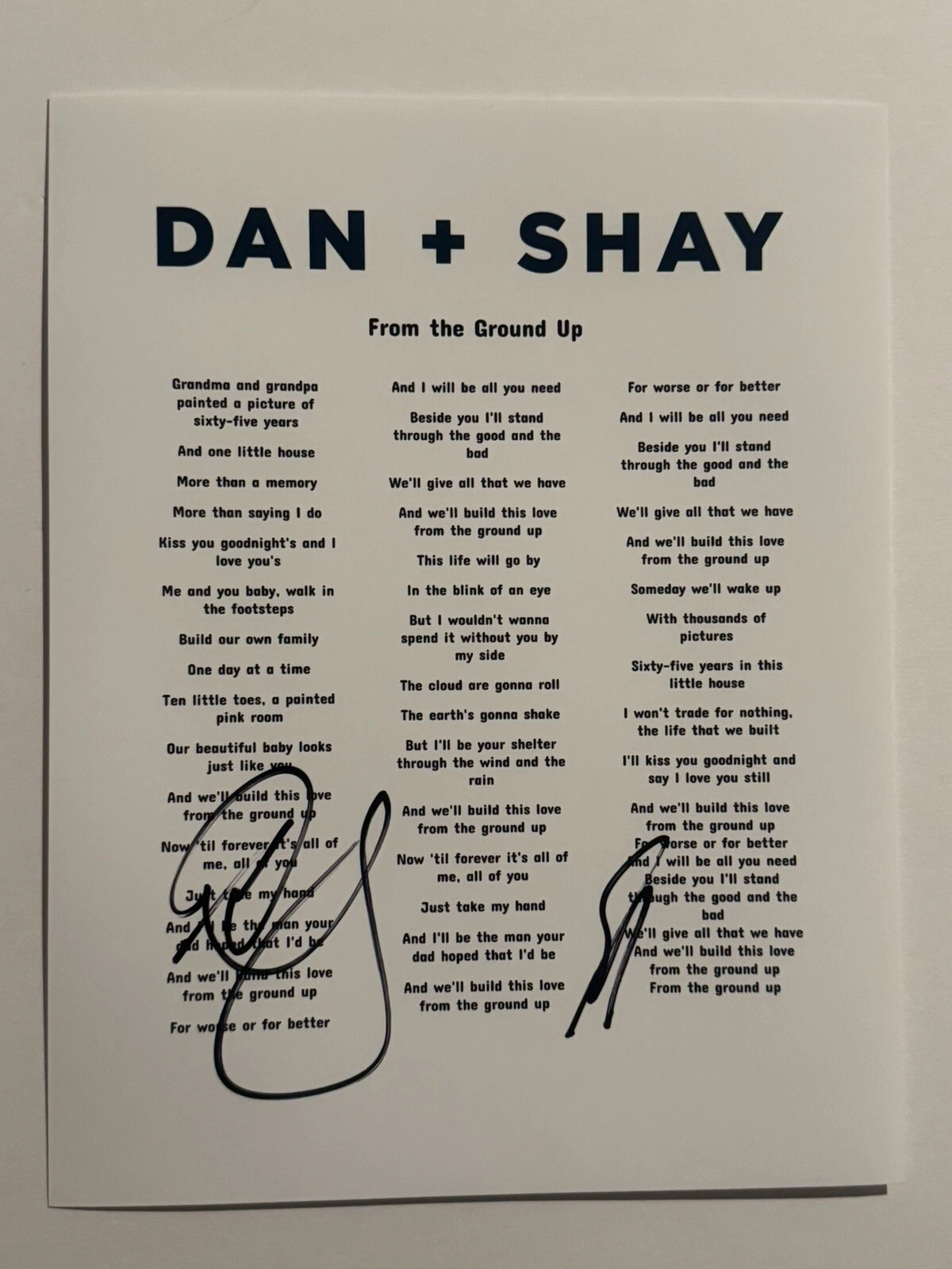 DAN & SHAY FULL BAND SIGNED LYRIC SHEET AUTOGRAPHED VERY RARE COUNTRY DUO COA