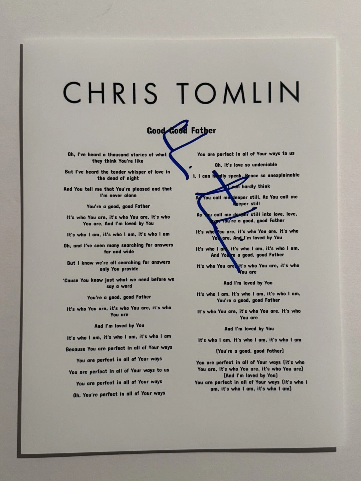 CHRIS TOMLIN SIGNED LYRIC SHEET AUTOGRAPHED CHRISTIAN SINGER VERY RARE COA