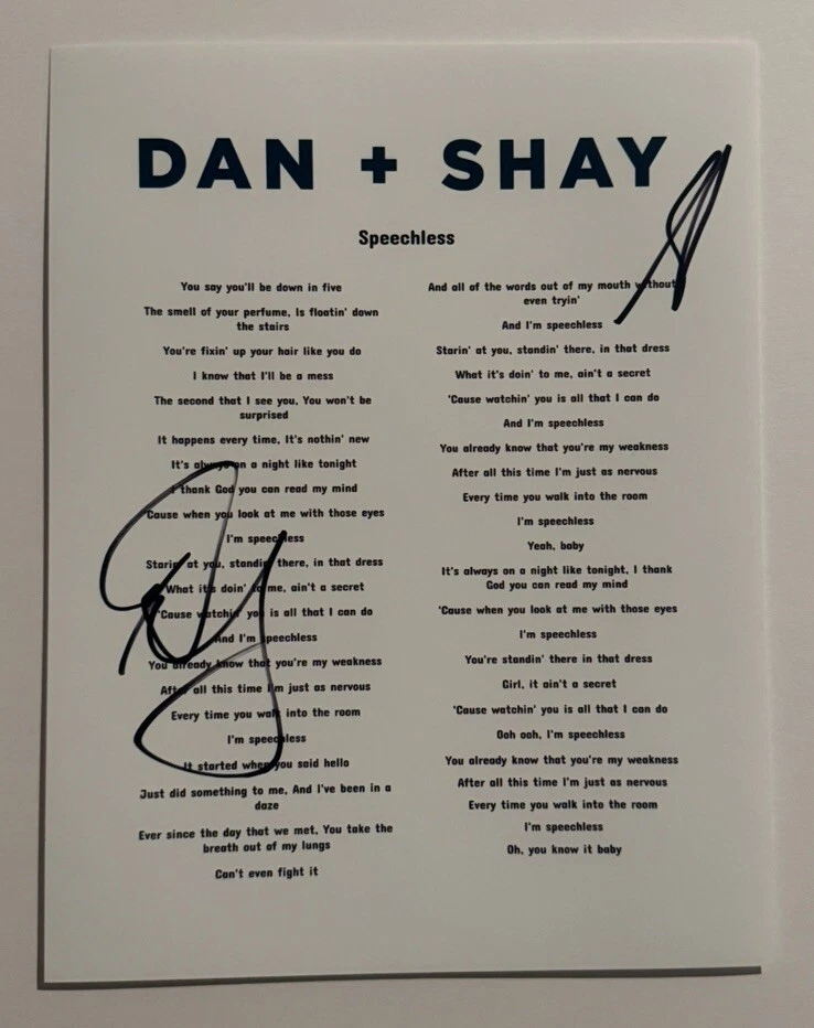 DAN & SHAY FULL BAND SIGNED LYRIC SHEET AUTOGRAPHED VERY RARE COUNTRY DUO COA
