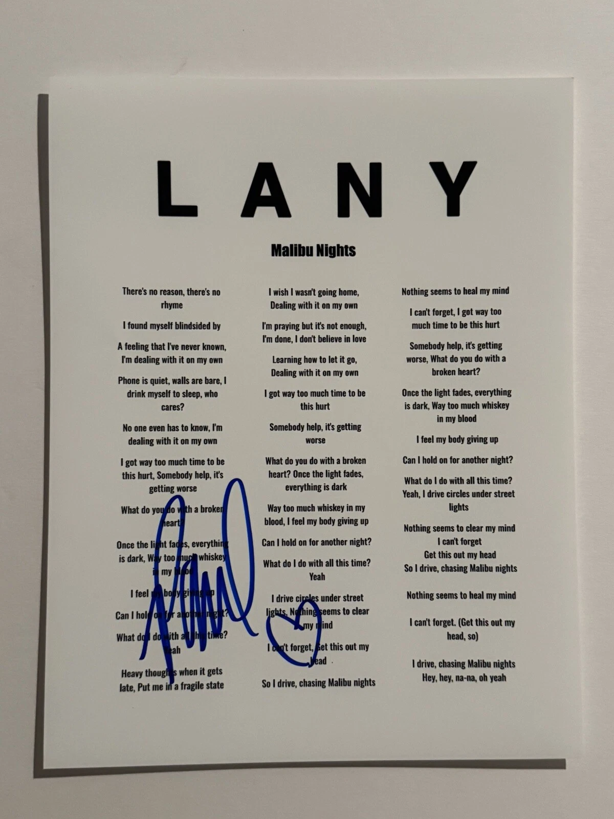 PAUL KLEIN SIGNED LYRIC SHEET AUTOGRAPHED LANY BAND LEAD SINGER RARE COA
