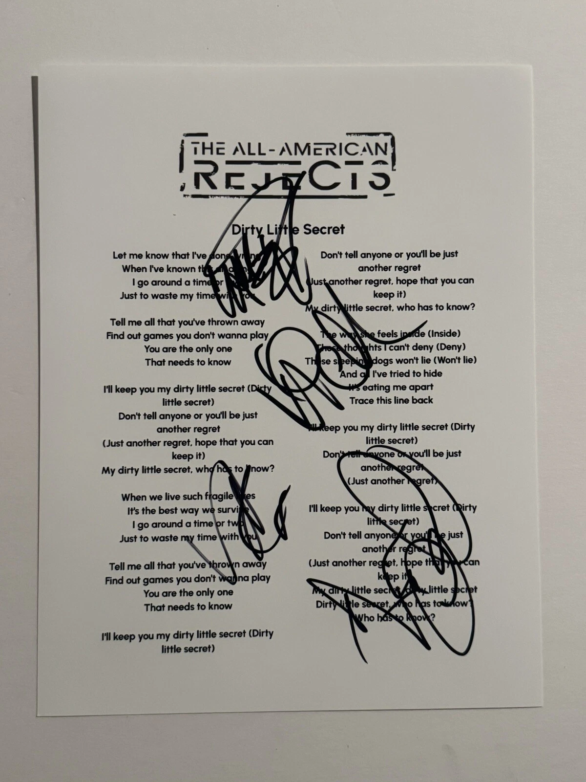 ALL AMERICAN REJECTS FULL BAND SIGNED LYRIC SHEET AUTOGRAPHED PUNK ROCK BAND COA