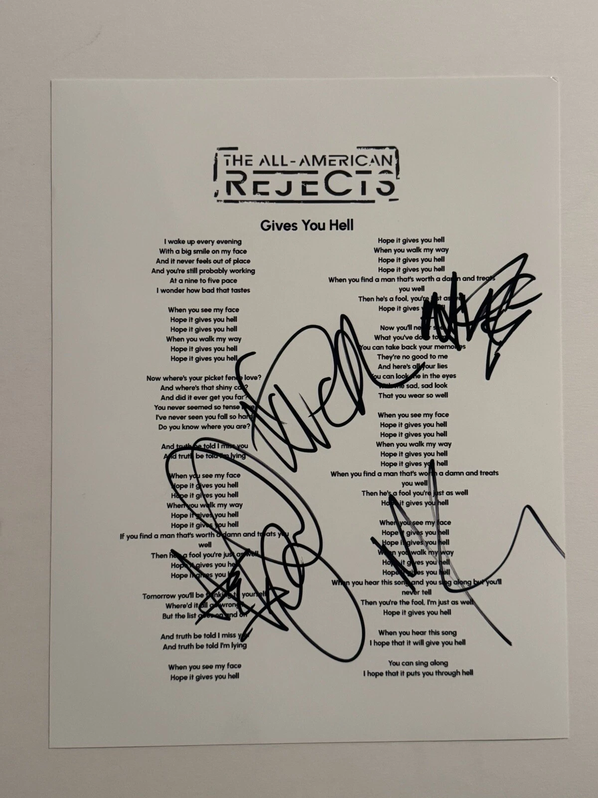 ALL AMERICAN REJECTS FULL BAND SIGNED LYRIC SHEET AUTOGRAPHED PUNK ROCK BAND COA