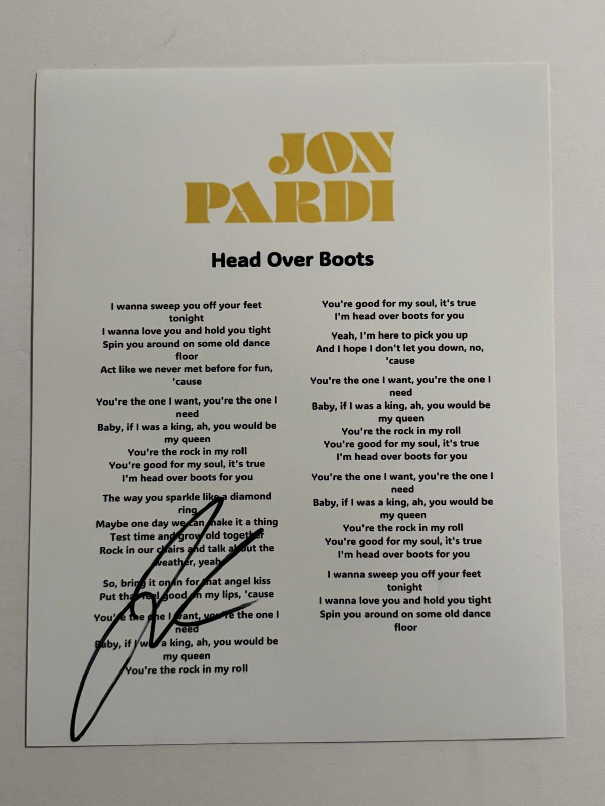 JON PARDI SIGNED LYRIC SHEET AUTOGRAPHED COUNTRY SINGER STAR VERY RARE COA