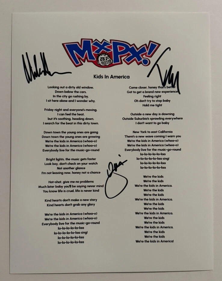 MXPX FULL BAND SIGNED LYRIC SHEET AUTOGRAPHED PUNK ROCK BAND VERY RARE COA