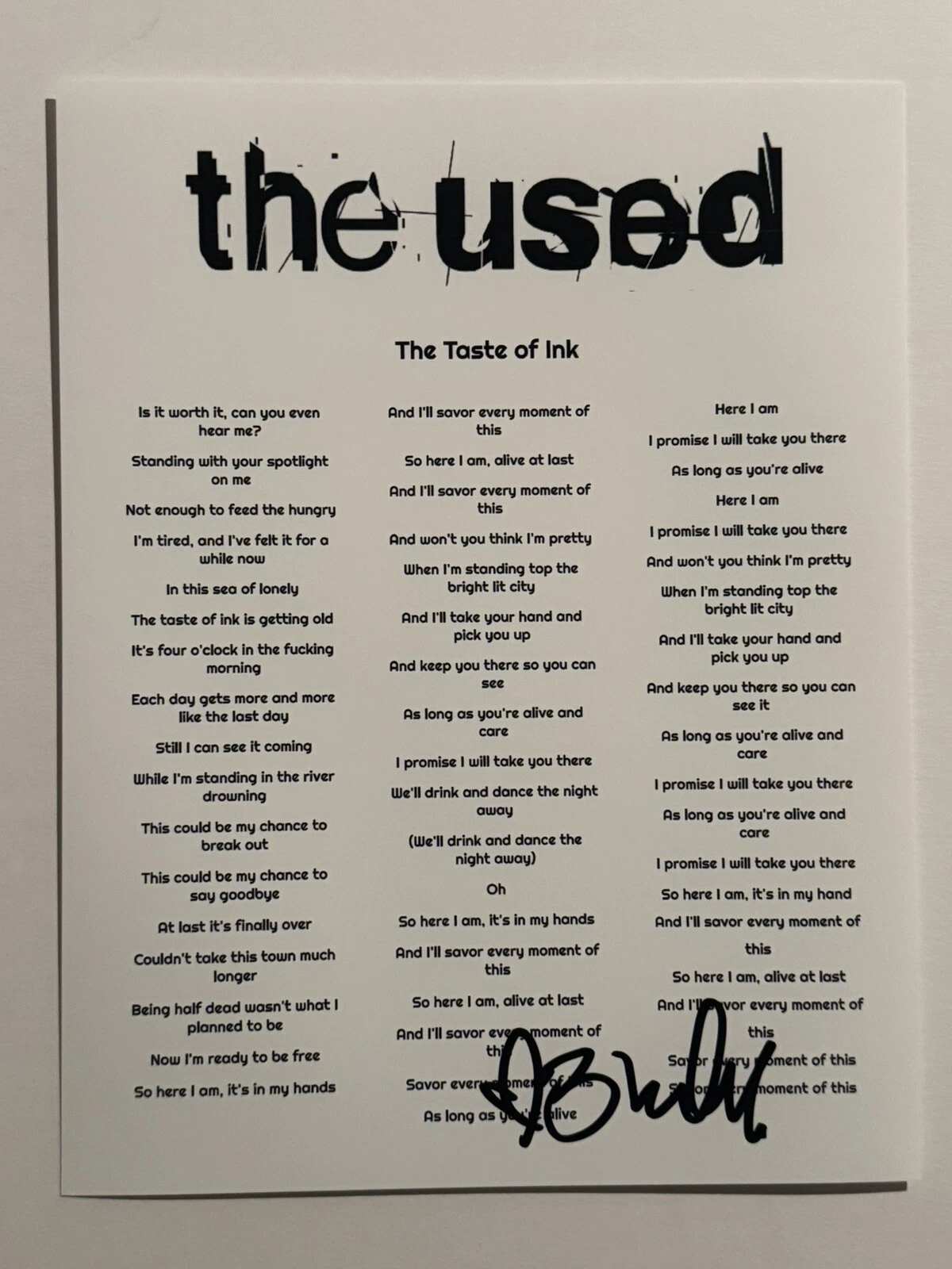 BERT MCCRACKEN SIGNED LYRIC SHEET AUTOGRAPHED THE USED BAND LEAD SINGER COA