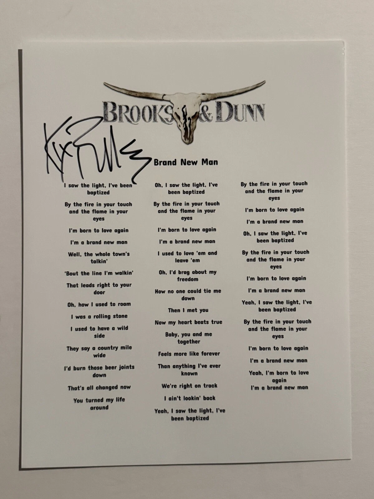 KIX BROOKS SIGNED LYRIC SHEET AUTOGRAPHED BROOKS & DUNN BAND GUITARIST COA