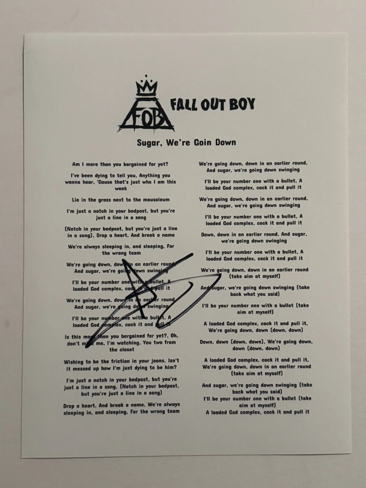 ANDY HURLEY SIGNED LYRIC SHEET AUTOGRAPHED FALL OUT BOY BAND DRUMMER COA