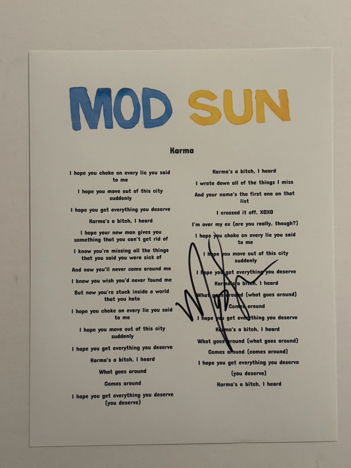 MOD SUN SIGNED KARMA LYRIC SHEET AUTOGRAPHED ROCK SINGER RARE COA