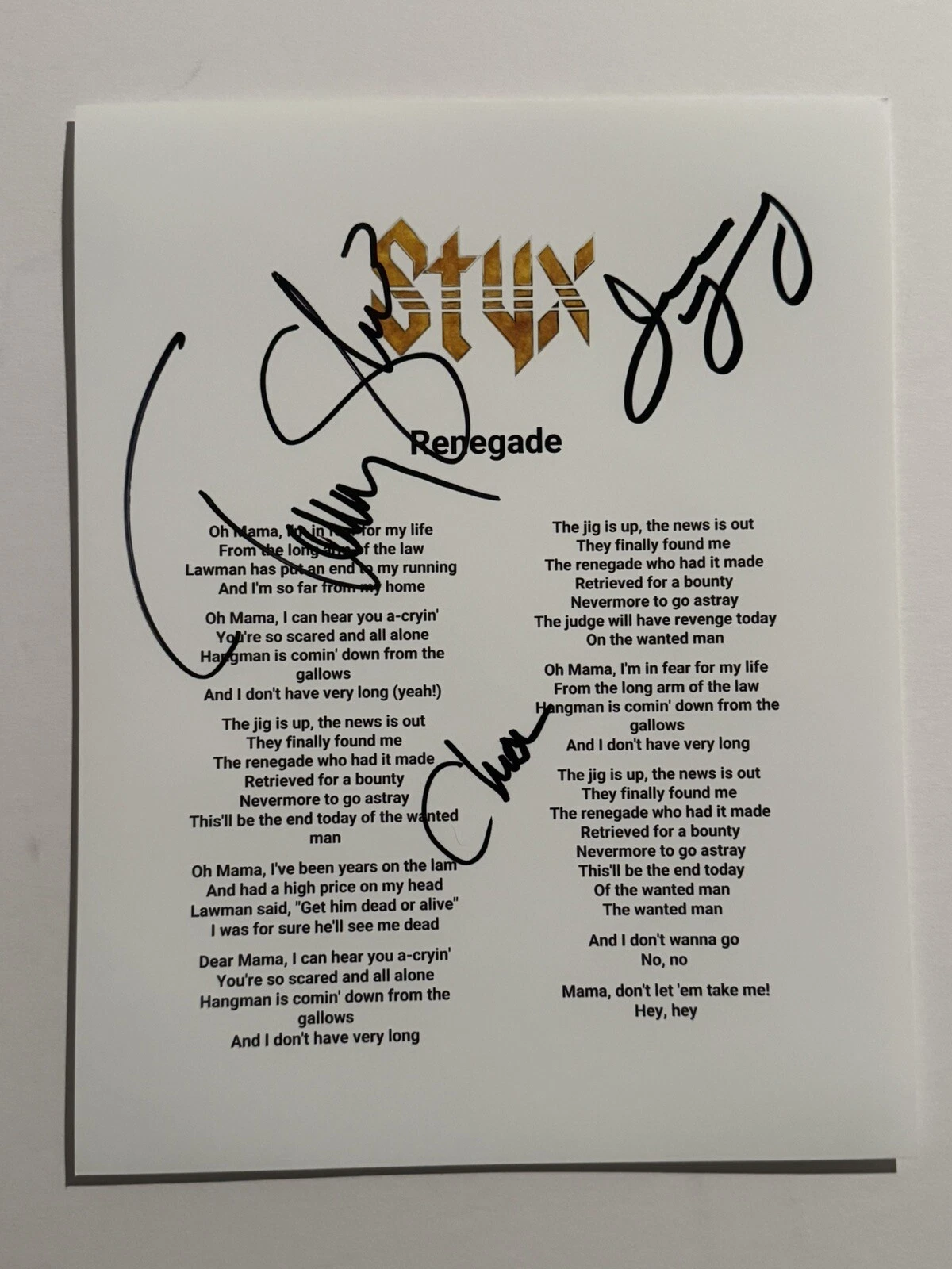 STYX BAND SIGNED LYRIC SHEET AUTOGRAPHED TOMMY SHAW JAMES YOUNG & PANOZZO COA
