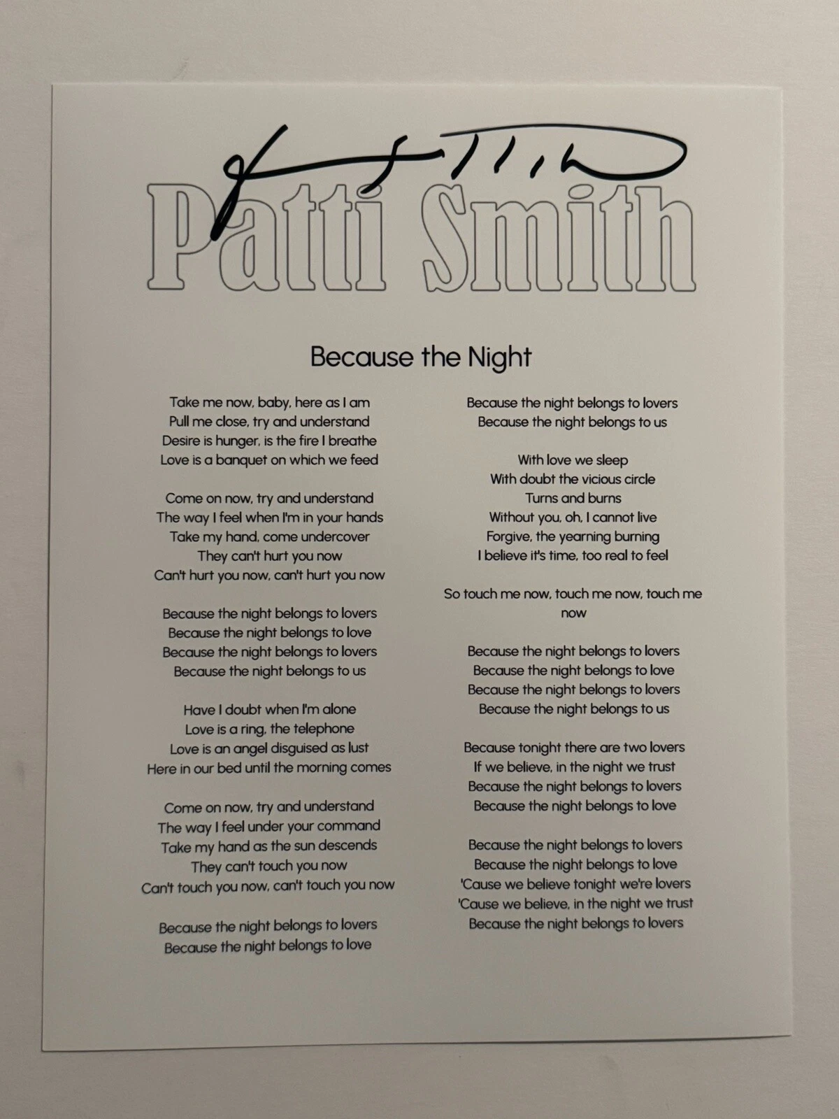 PATTI SMITH SIGNED LYRIC SHEET AUTOGRAPHED BECAUSE THE NIGHT SINGER LEGEND COA