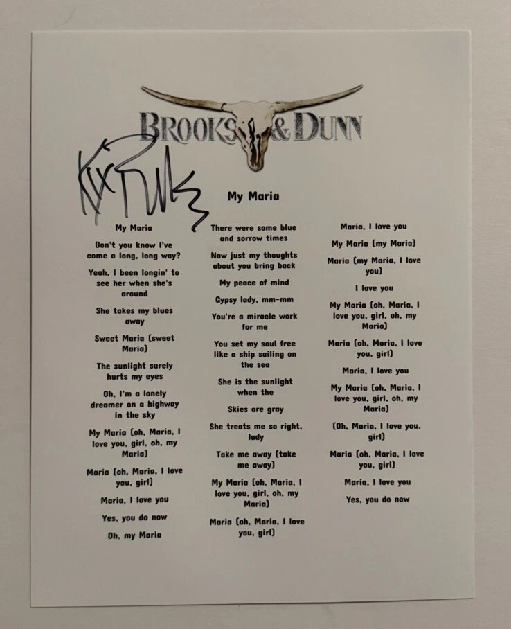 KIX BROOKS SIGNED LYRIC SHEET AUTOGRAPHED BROOKS & DUNN BAND GUITARIST COA