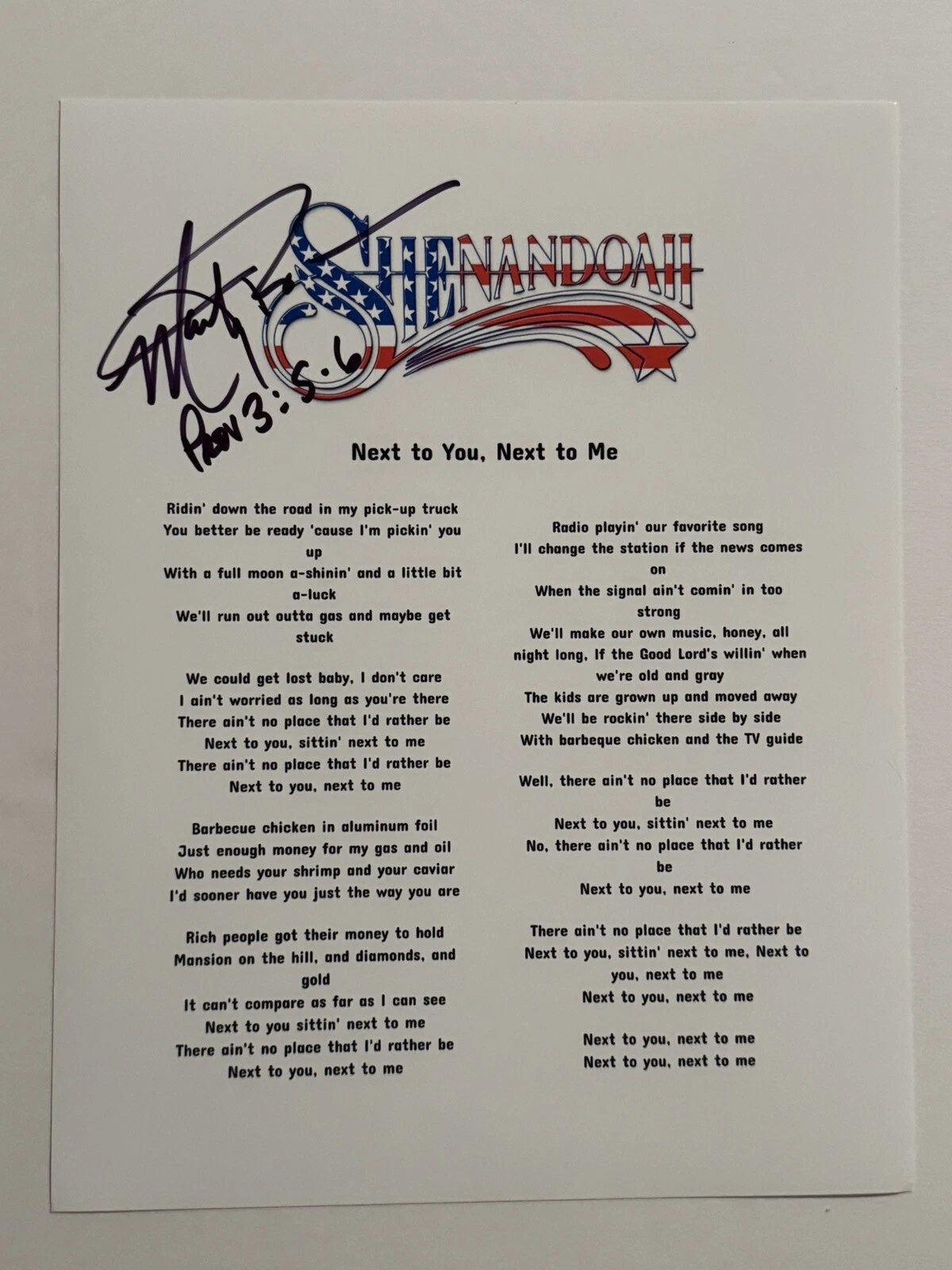 MARTY RAYBON SIGNED LYRIC SHEET AUTOGRAPHED SHENANDOAH BAND LEAD SINGER RARE COA