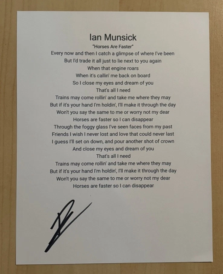 IAN MUNSICK SIGNED LYRIC SHEET AUTOGRAPHED COUNTRY SINGER STAR RARE COA