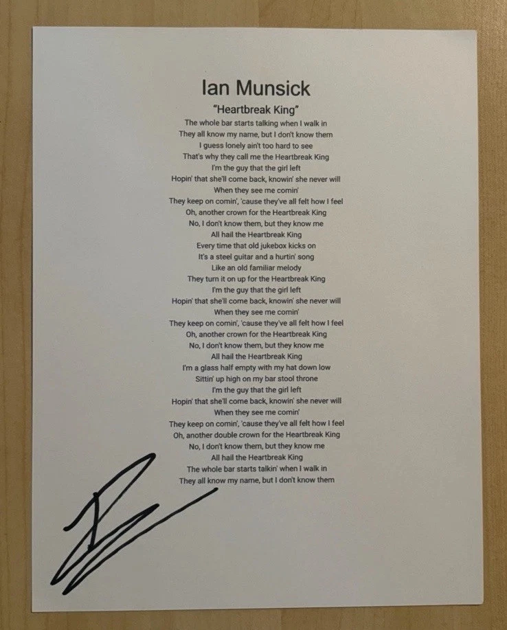 IAN MUNSICK SIGNED LYRIC SHEET AUTOGRAPHED COUNTRY SINGER STAR RARE COA