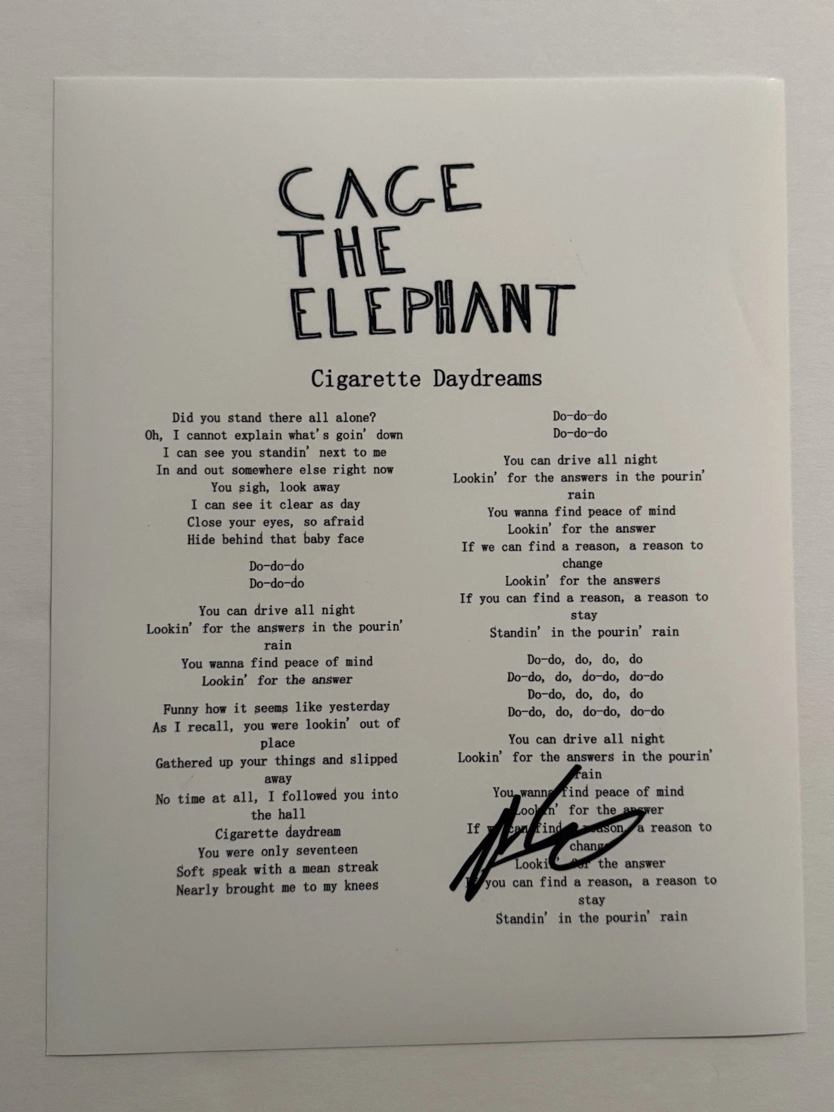 MATT SHULTZ SIGNED LYRIC SHEET AUTOGRAPHED CAGE THE ELEPHANT LEAD SINGER COA