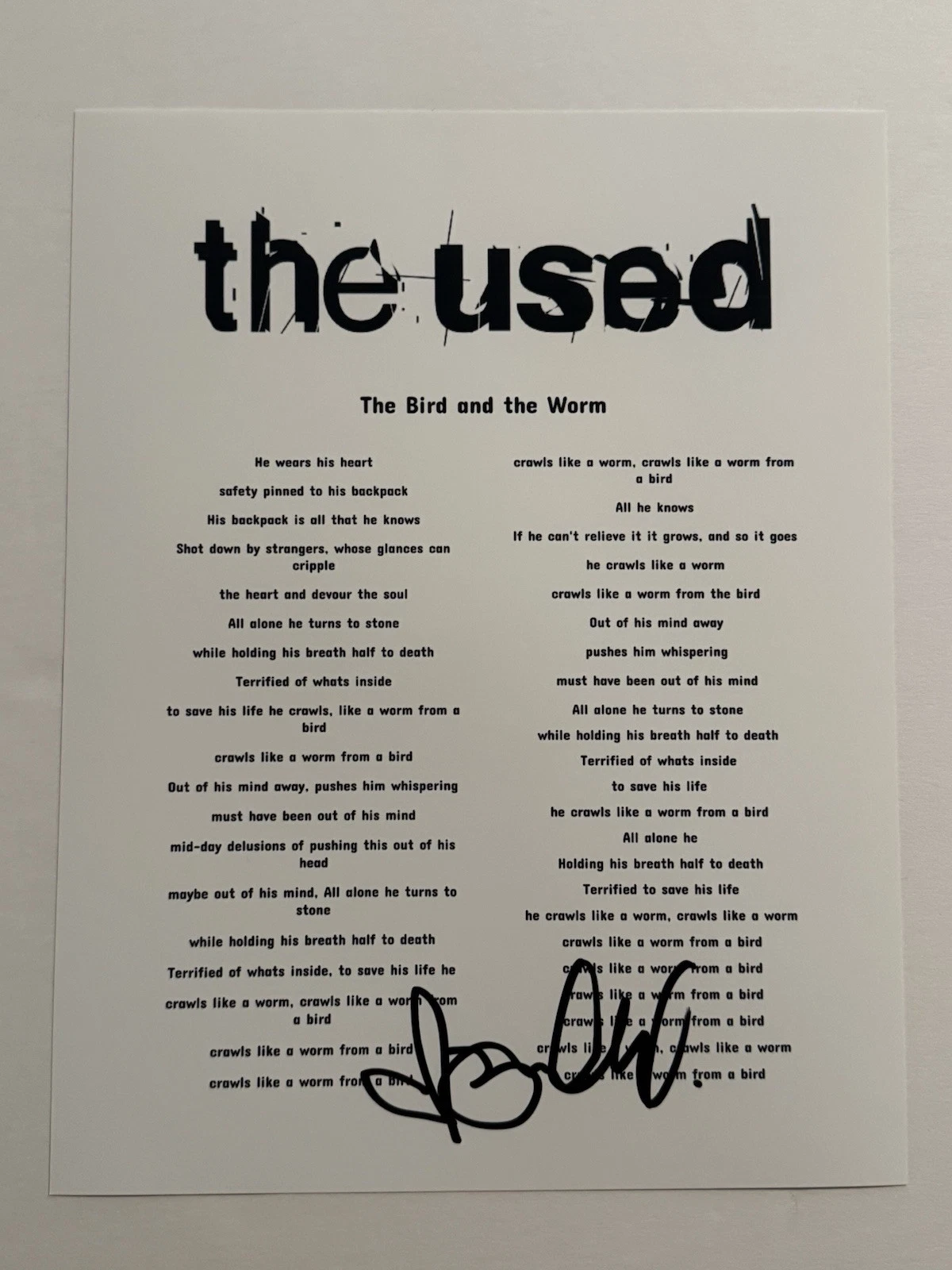 BERT MCCRACKEN SIGNED LYRIC SHEET AUTOGRAPHED THE USED BAND LEAD SINGER COA