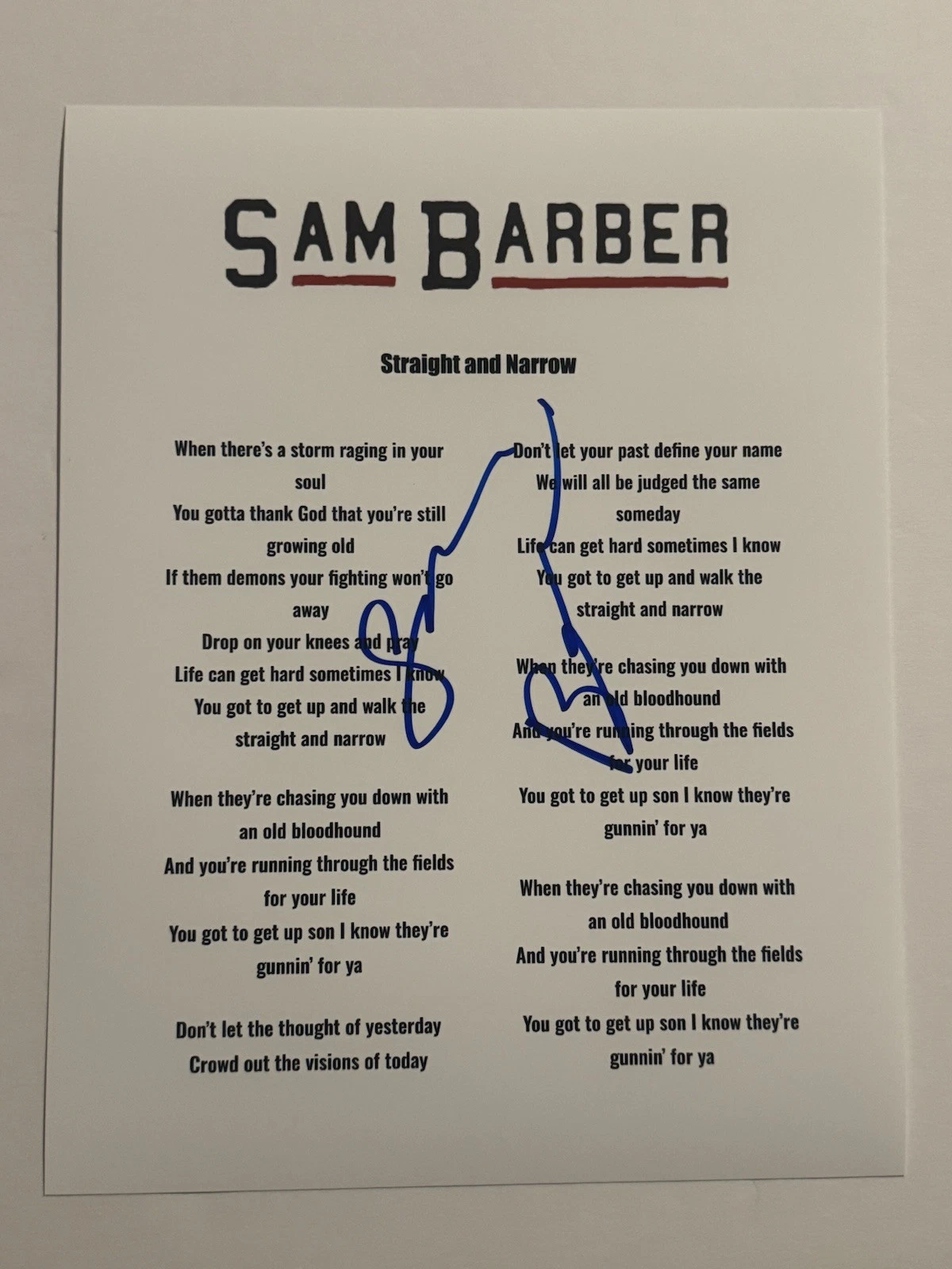 SAM BARBER SIGNED LYRIC SHEET AUTOGRAPHED STRAIGHT AND NARROW SINGER RARE COA