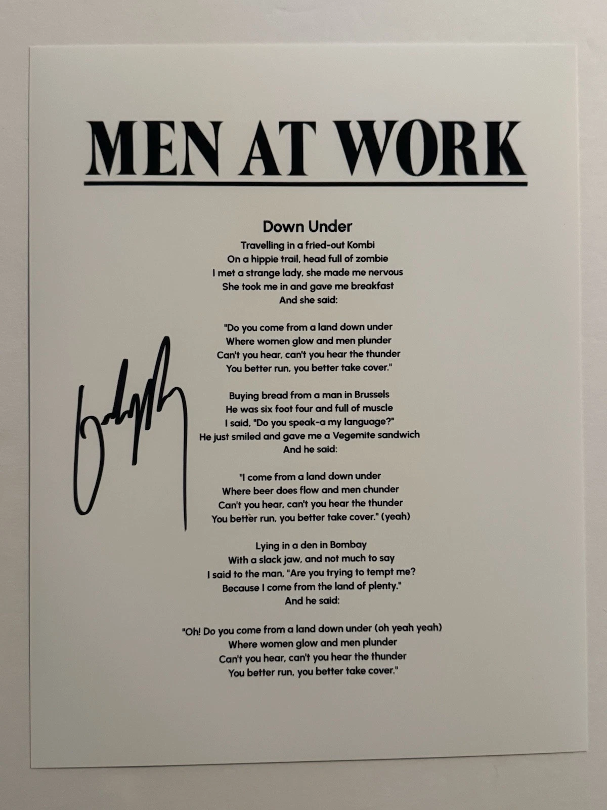 COLIN HAY SIGNED LYRIC SHEET AUTOGRAPHED MEN AT WORK BAND LEAD SINGER COA