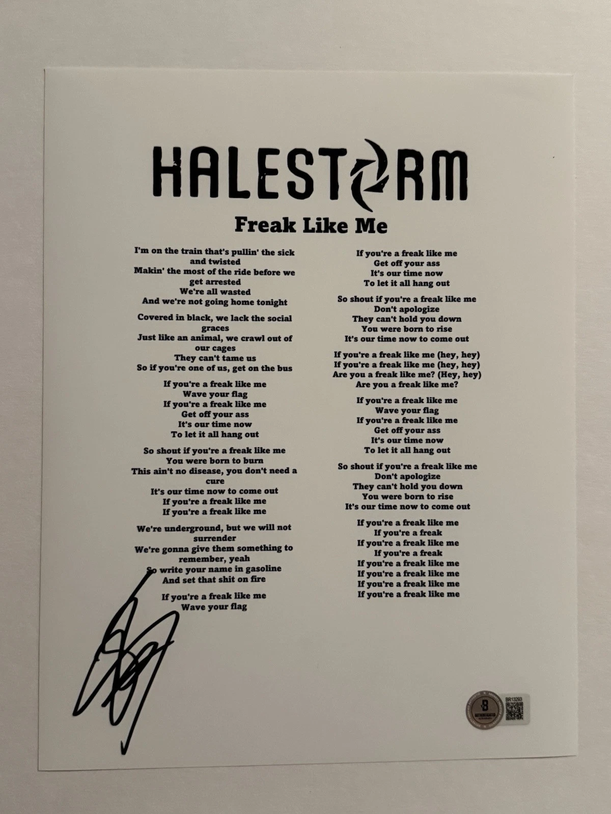 LZZY HALE SIGNED LYRIC SHEET AUTOGRAPHED HALESTORM BAND LEAD SINGER PSA COA