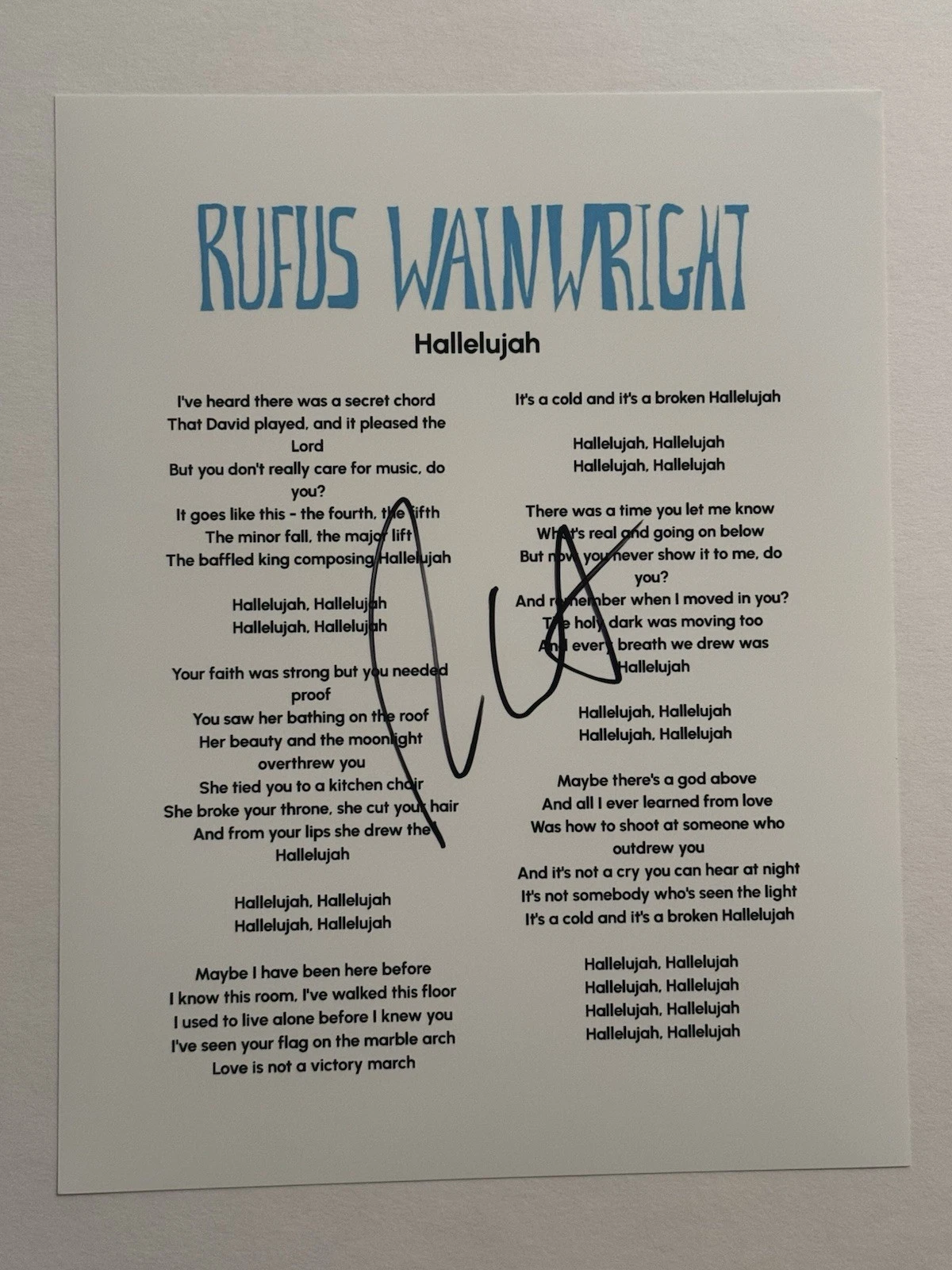 RUFUS WAINWRIGHT SIGNED LYRIC SHEET AUTOGRAPHED HALLELUJAH SINGER RARE COA