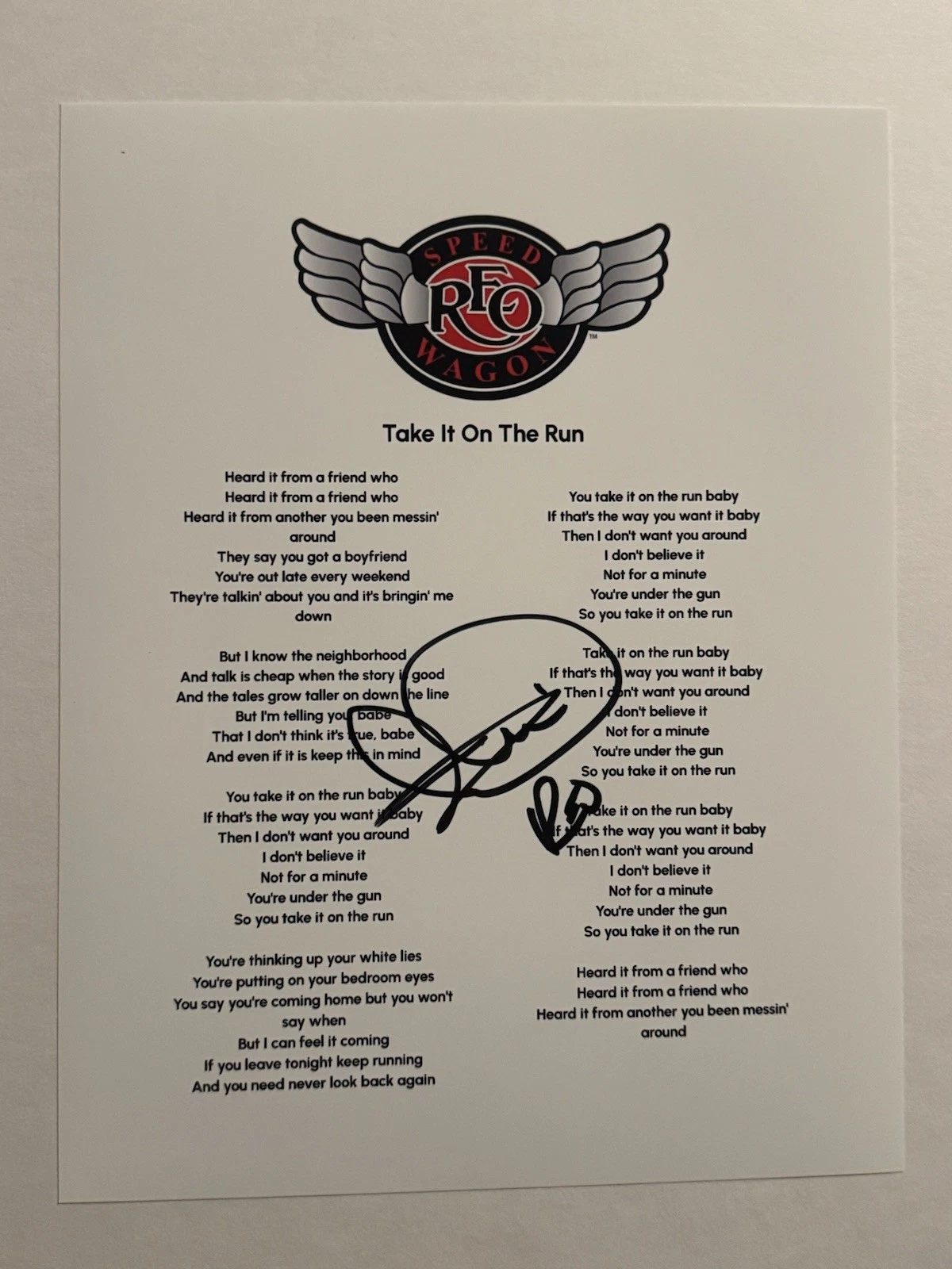 KEVIN CRONIN SIGNED LYRIC SHEET AUTOGRAPHED REO SPEEDWAGON BAND LEAD SINGER COA