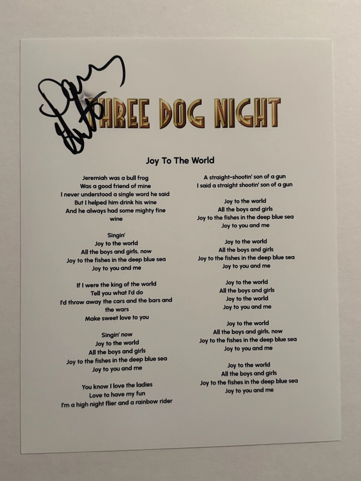 DANNY HUTTON SIGNED LYRIC SHEET AUTOGRAPHED THREE DOG NIGHT BAND LEAD SINGER COA