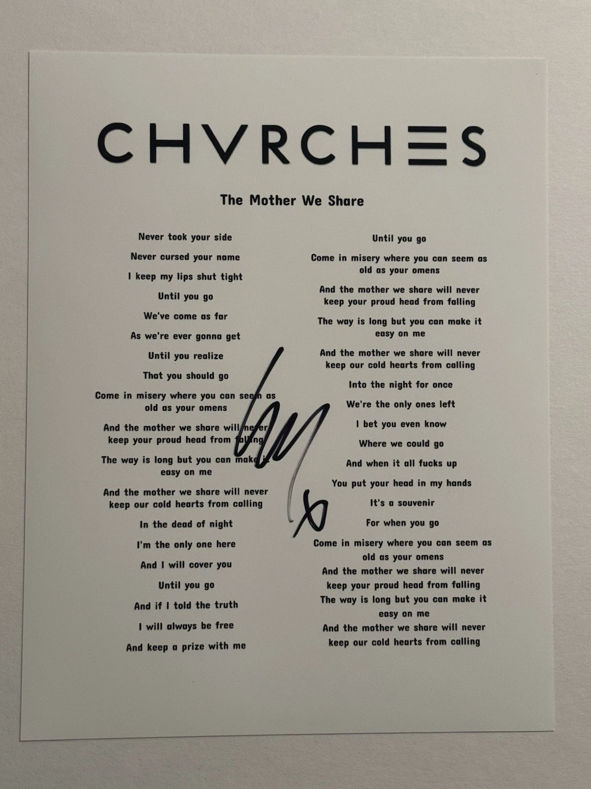 LAUREN MAYBERRY SIGNED LYRIC SHEET AUTOGRAPHED CHVRCHES BAND LEAD SINGER COA