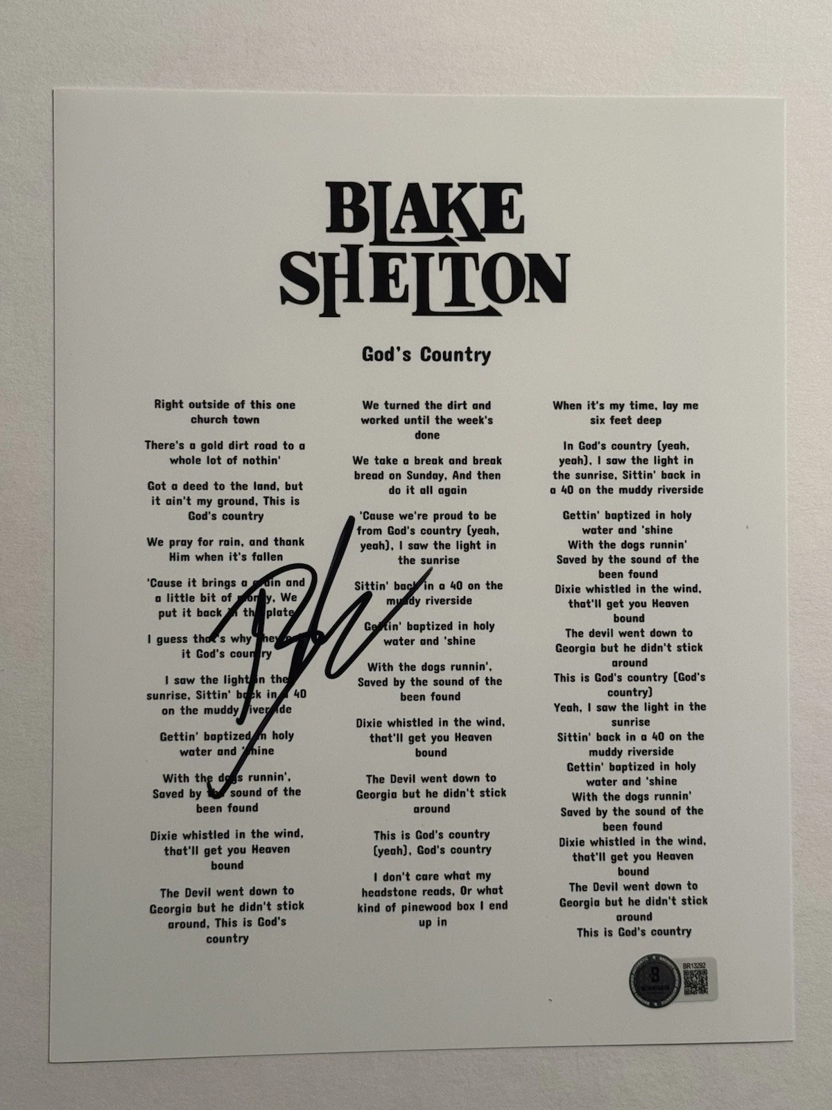 BLAKE SHELTON SIGNED GODS COUNTRY LYRIC SHEET AUTOGRAPHED COUNTRY SINGER BAS COA