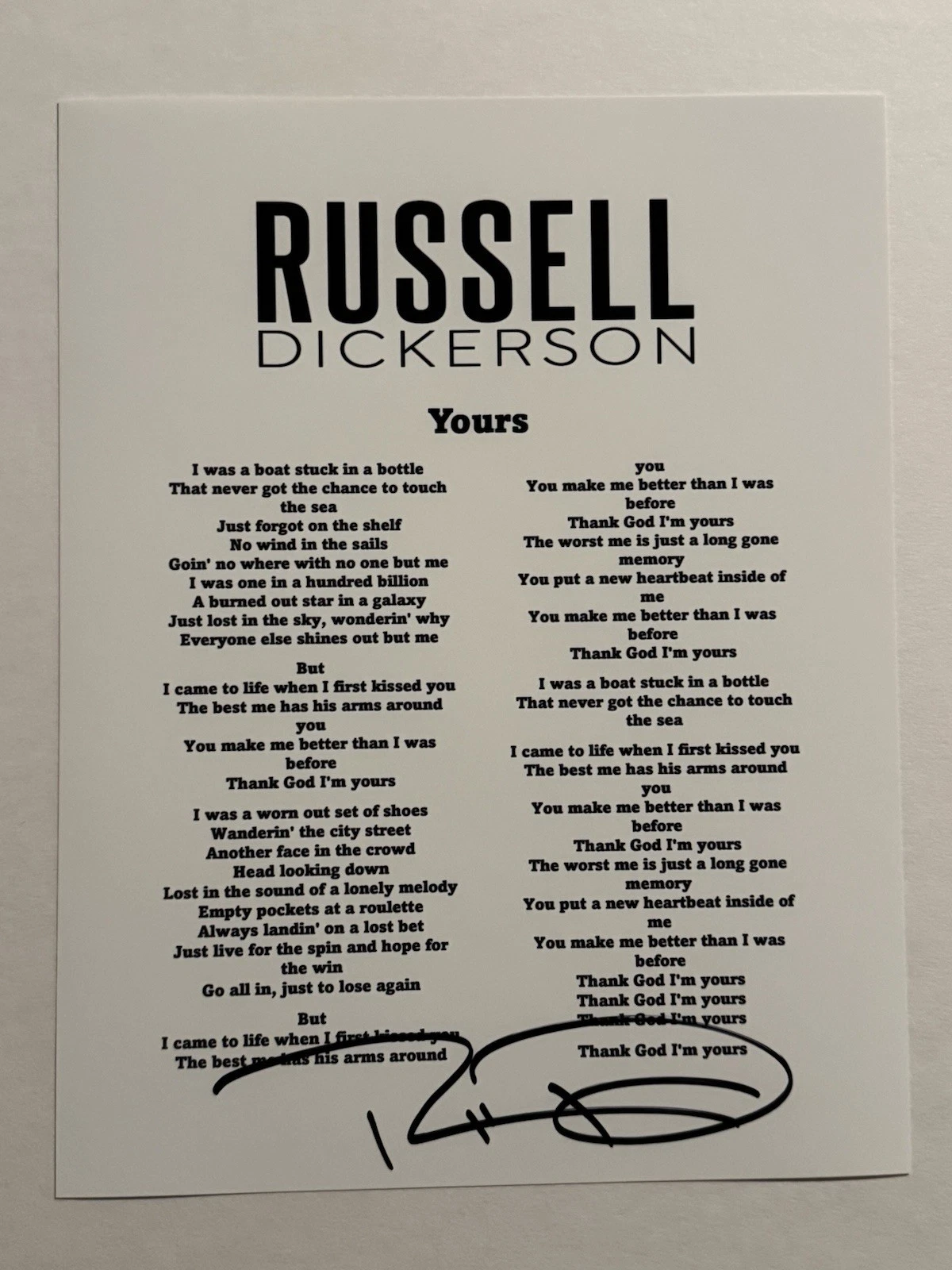 RUSSELL DICKERSON SIGNED LYRIC SHEET AUTOGRAPHED COUNTRY SINGER STAR RARE COA