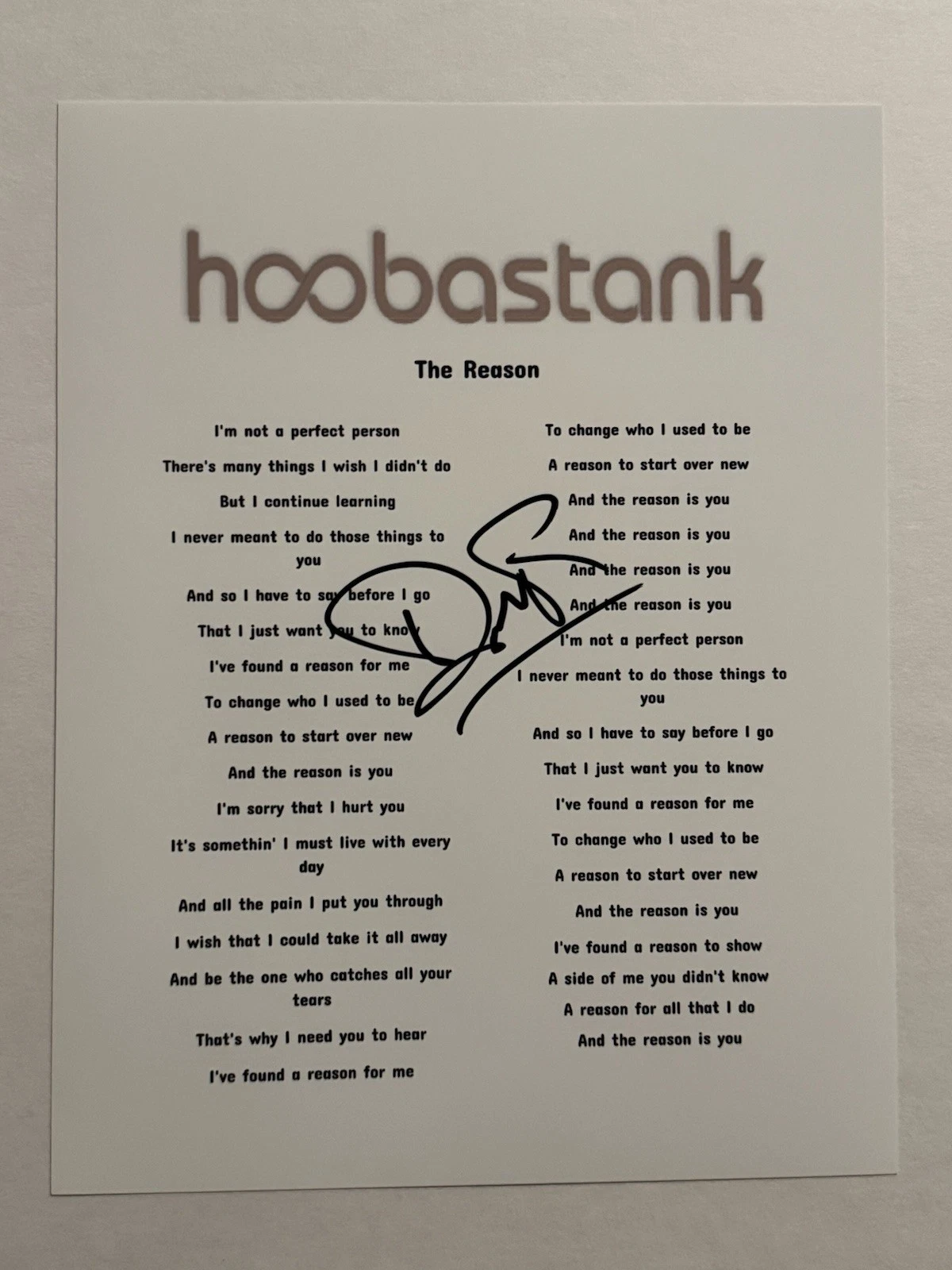 DOUG ROBB SIGNED LYRIC SHEET AUTOGRAPHED HOOBASTANK BAND LEAD SINGER COA