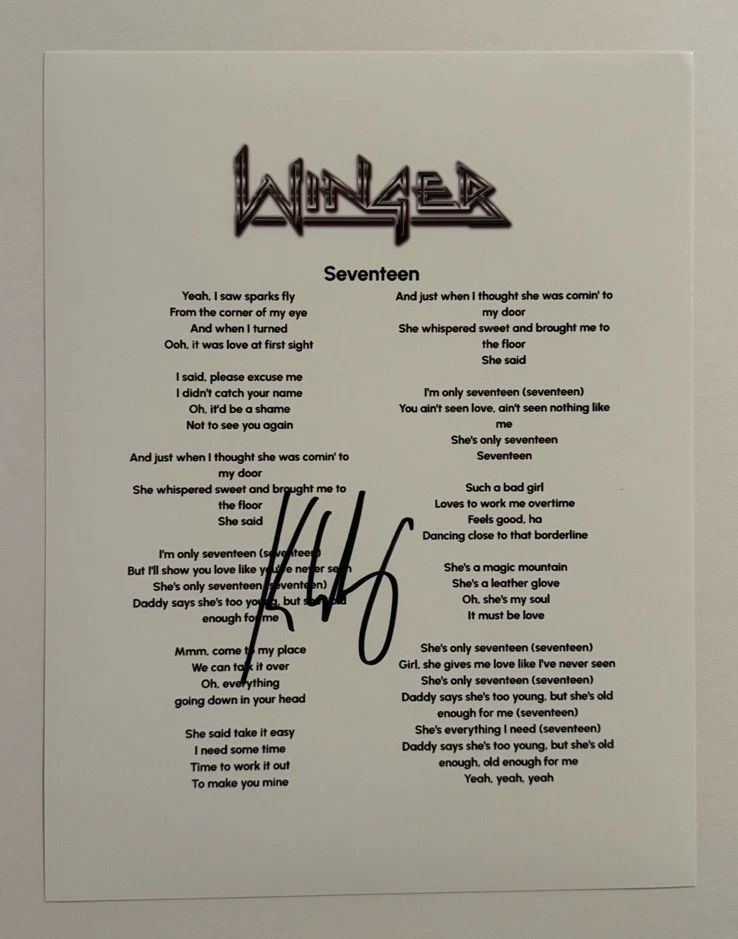 KIP WINGER SIGNED LYRIC SHEET AUTOGRAPHED WINGER BAND LEAD SINGER RARE COA