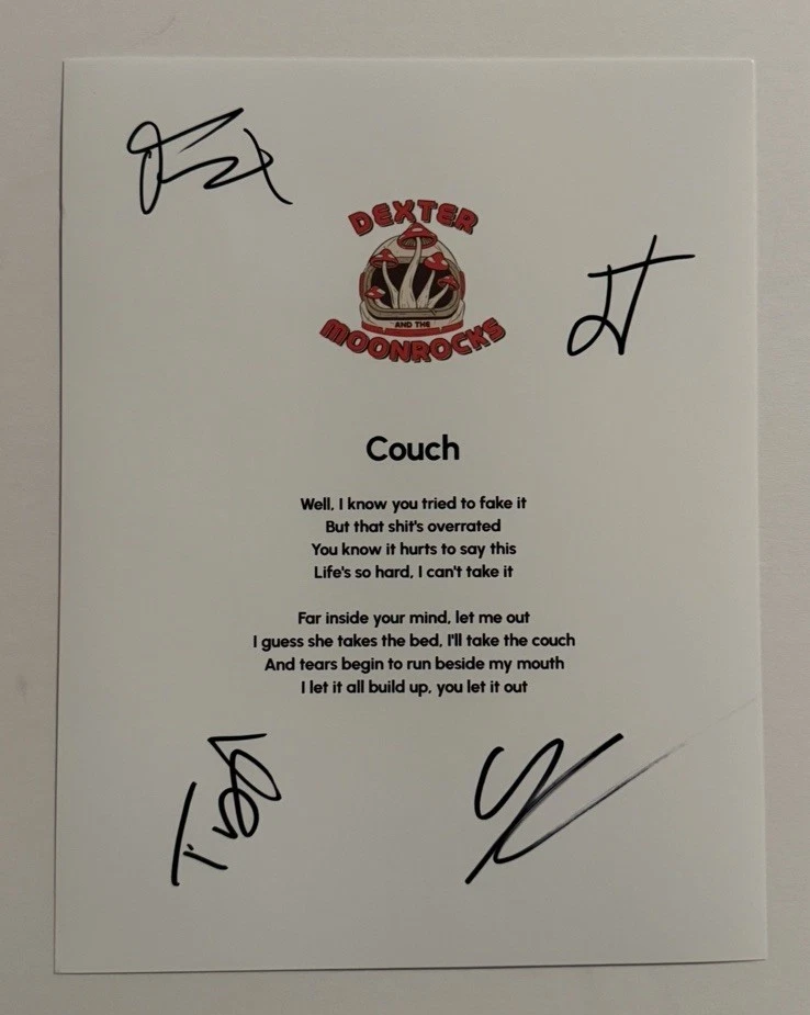 DEXTER AND THE MOONROCKS FULL BAND SIGNED LYRIC SHEET AUTOGRAPHED ROCK BAND COA