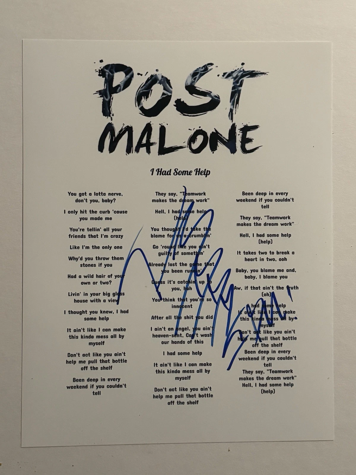 POST MALONE SIGNED I HAD SOME HELP  LYRIC SHEET AUTOGRAPHED SINGER RARE COA