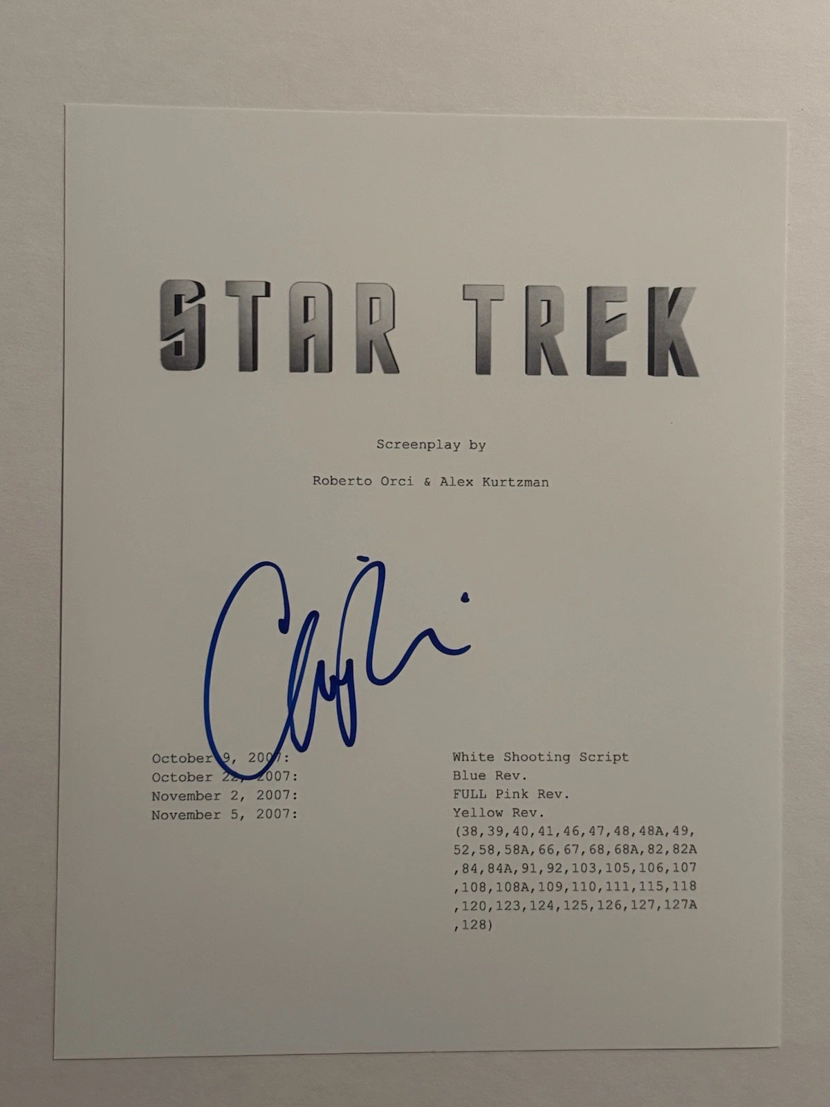 CHRIS PINE SIGNED SCRIPT COVER ACTOR AUTOGRAPHED STAR TREK MOVIE RARE COA