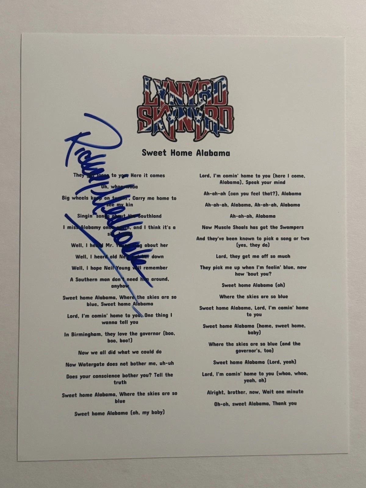 RICKEY MEDLOCKE SIGNED LYRIC SHEET AUTOGRAPHED LYNYRD SKYNYRD BAND GUITARIST COA