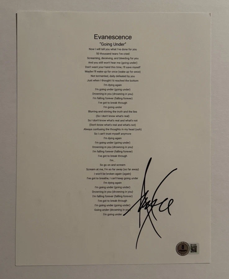 AMY LEE SIGNED LYRIC SHEET AUTOGRAPHED EVANESCENCE BAND LEAD SINGER BAS COA