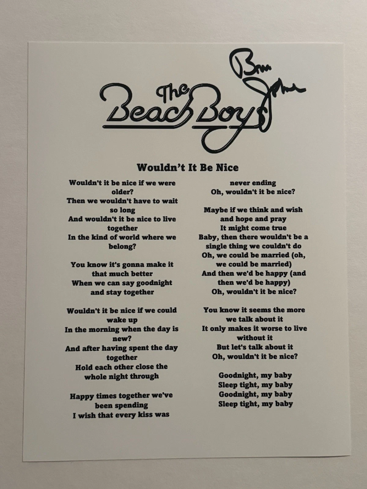 BRUCE JOHNSTON HAND SIGNED LYRIC SHEET AUTOGRAPHED THE BEACH BOYS BAND COA