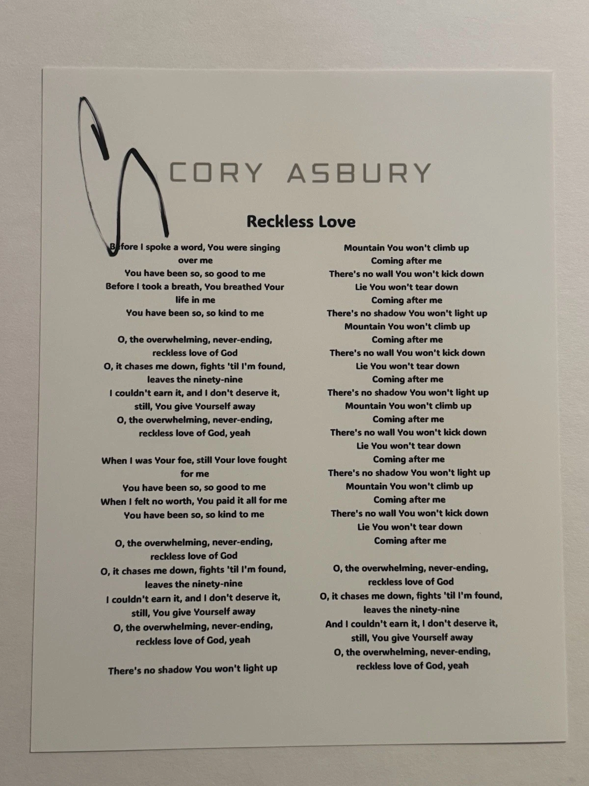 CORY ASBURY SIGNED RECKLESS LOVE LYRIC SHEET AUTOGRAPHED CHRISTIAN SINGER COA