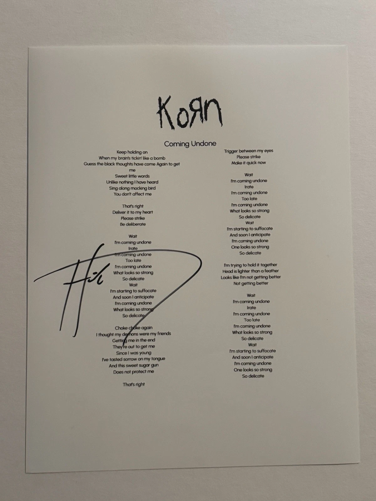 BRIAN HEAD WELCH SIGNED LYRIC SHEET AUTOGRAPHED KORN BAND GUITARIST COA