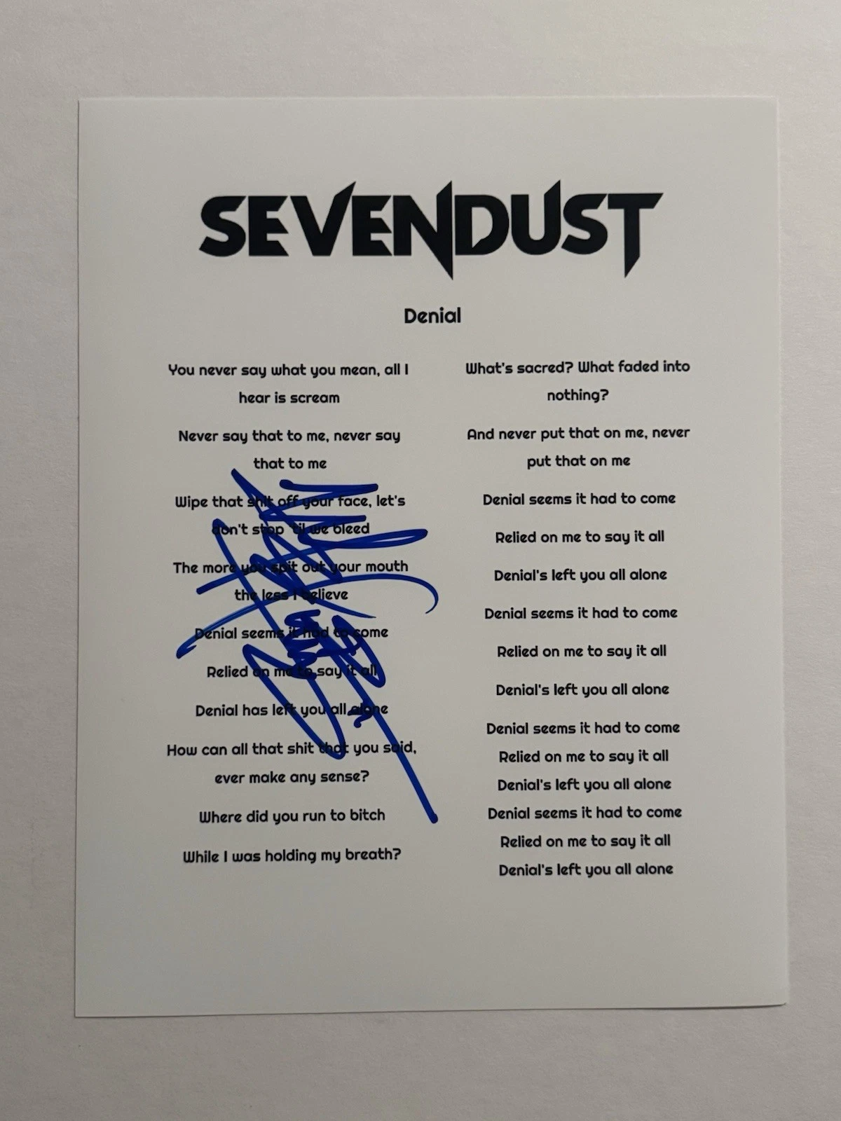 MORGAN ROSE SIGNED LYRIC SHEET AUTOGRAPHED SEVENDUST BAND DRUMMER COA