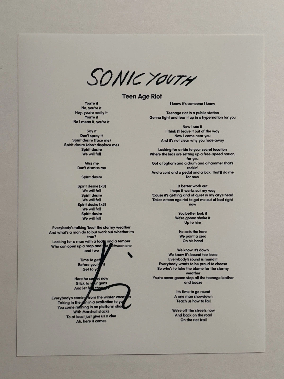 KIM GORDON SIGNED LYRIC SHEET AUTOGRAPHED SONIC YOUTH BAND BASSIST LEGEND COA