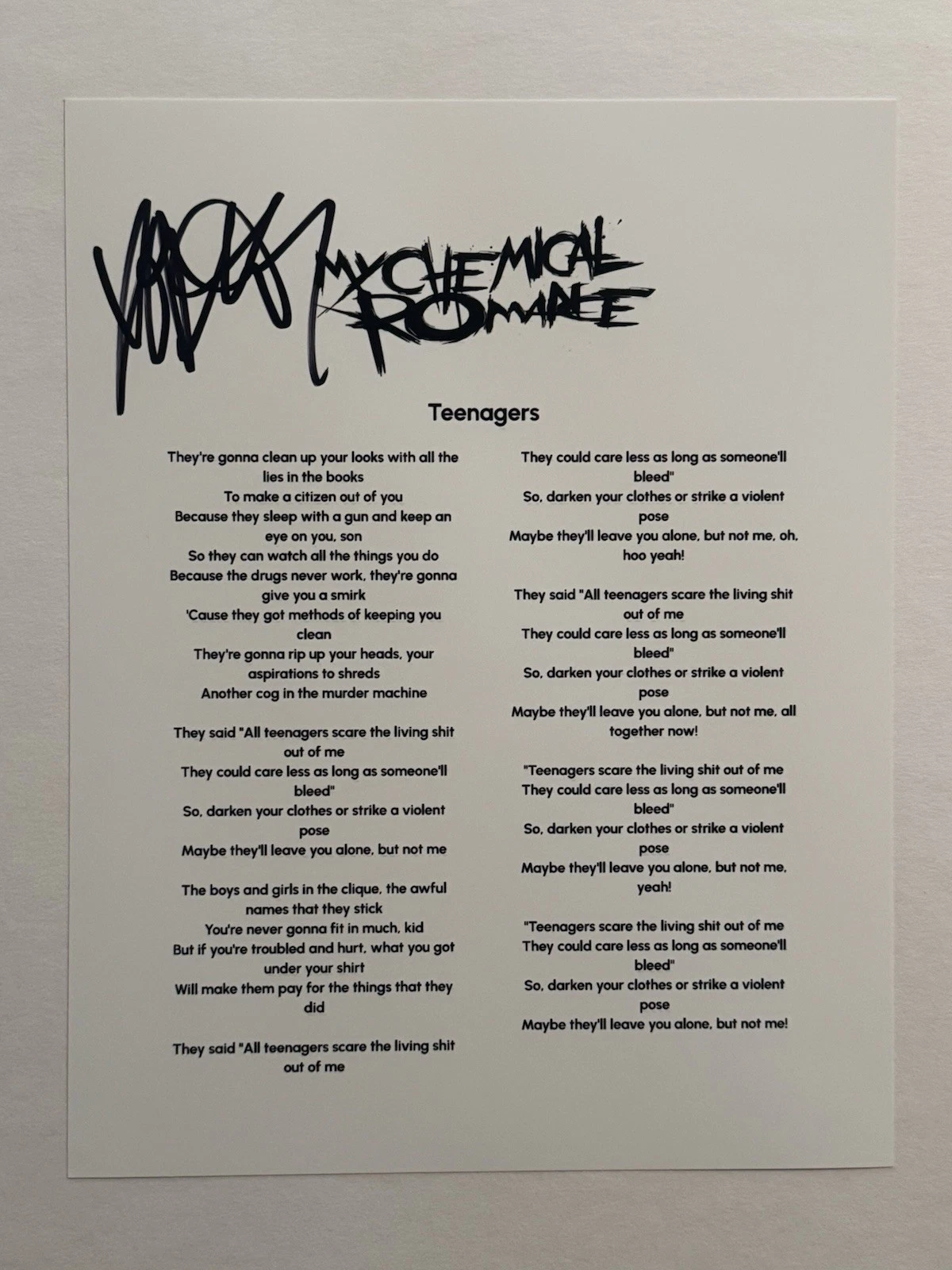 FRANK IERO SIGNED LYRIC SHEET AUTOGRAPHED MY CHEMICAL ROMANCE MCR BAND RARE COA