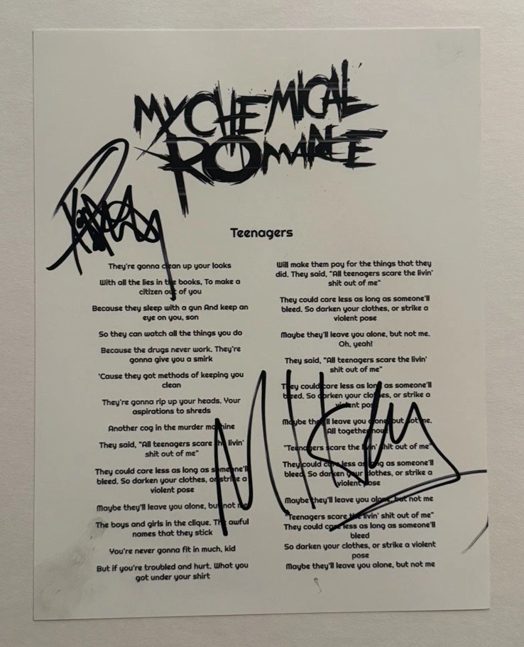FRANK IERO SIGNED LYRIC SHEET AUTOGRAPHED MY CHEMICAL ROMANCE MCR BAND RARE COA