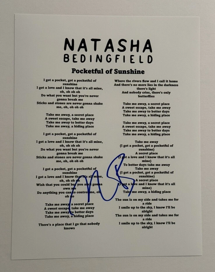 NATASHA BEDINGFIELD SIGNED LYRIC SHEET AUTOGRAPHED SINGER RARE COA
