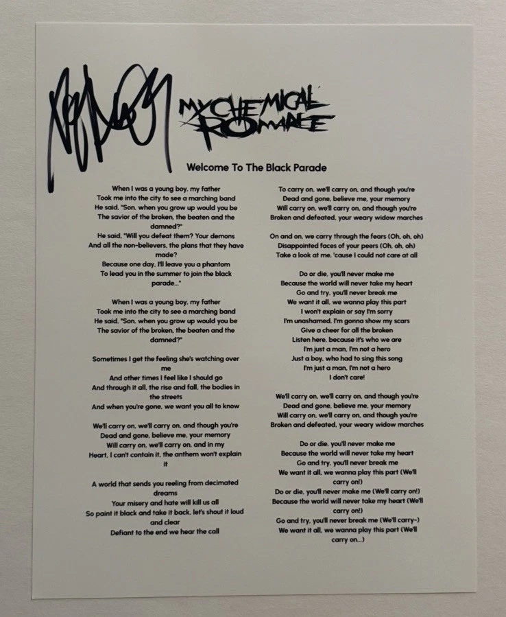 FRANK IERO SIGNED LYRIC SHEET AUTOGRAPHED MY CHEMICAL ROMANCE MCR BAND RARE COA