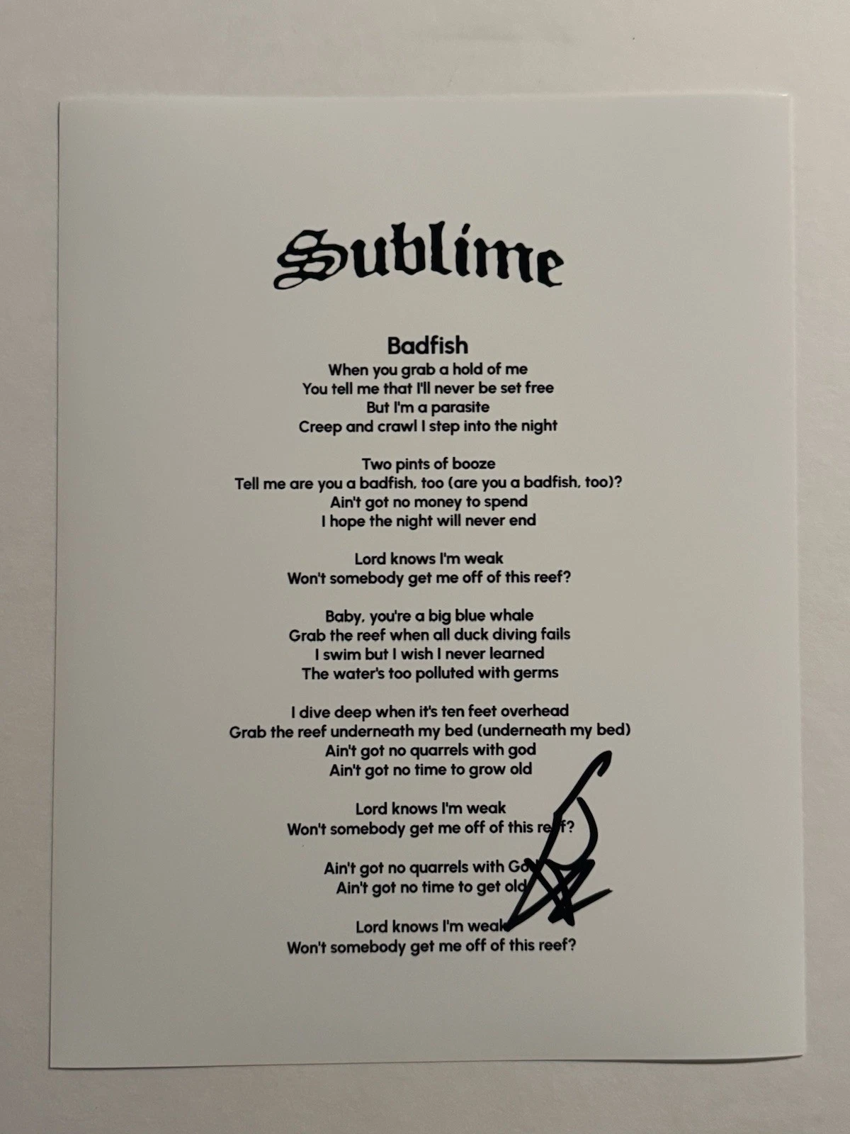 ERIC WILSON SIGNED LYRIC SHEET AUTOGRAPHED SUBLIME BAND ORIGINAL BASSIST COA