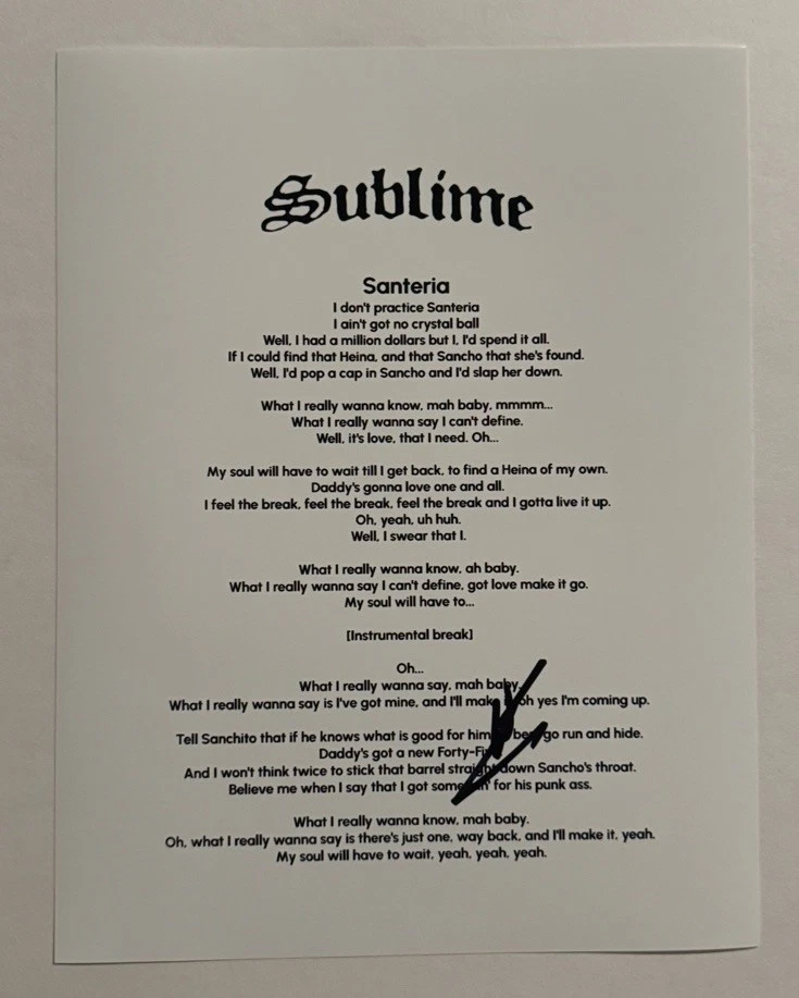ERIC WILSON SIGNED LYRIC SHEET AUTOGRAPHED SUBLIME BAND ORIGINAL BASSIST COA
