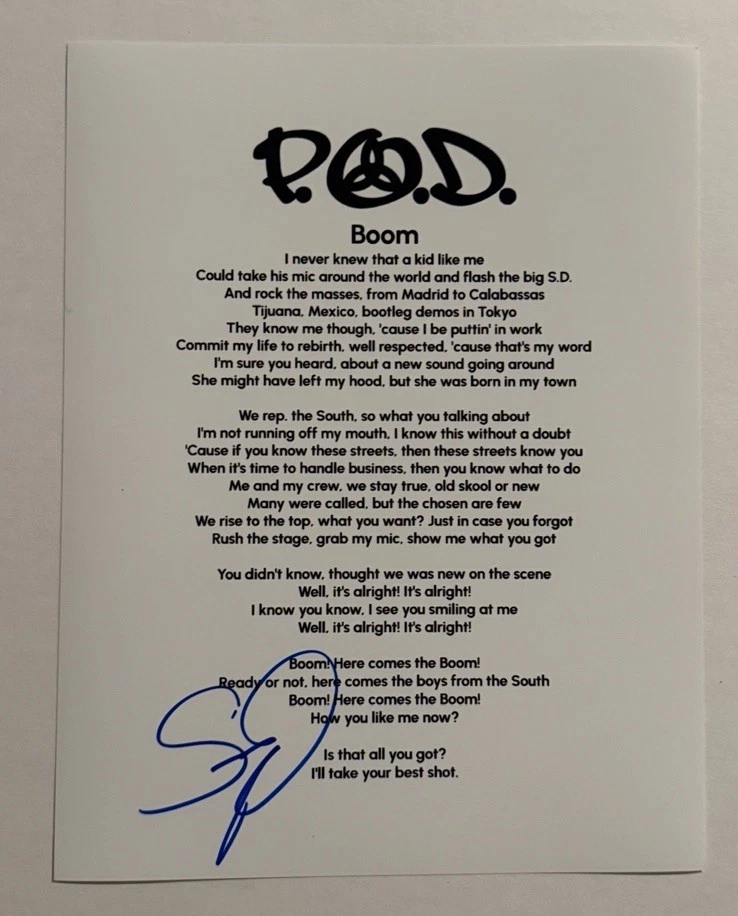 SONNY SANDOVAL P.O.D BAND LEAD SINGER SIGNED LYRIC SHEET AUTOGRAPHED RARE COA