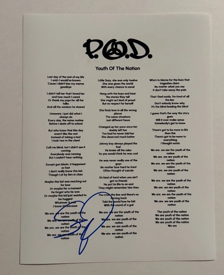 SONNY SANDOVAL P.O.D BAND LEAD SINGER SIGNED LYRIC SHEET AUTOGRAPHED RARE COA