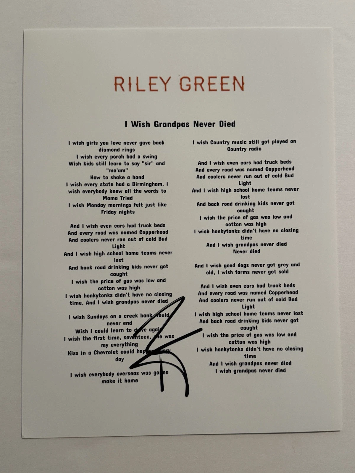 RILEY GREEN SIGNED LYRIC SHEET AUTOGRAPHED HOT COUNTRY SINGER STAR RARE COA